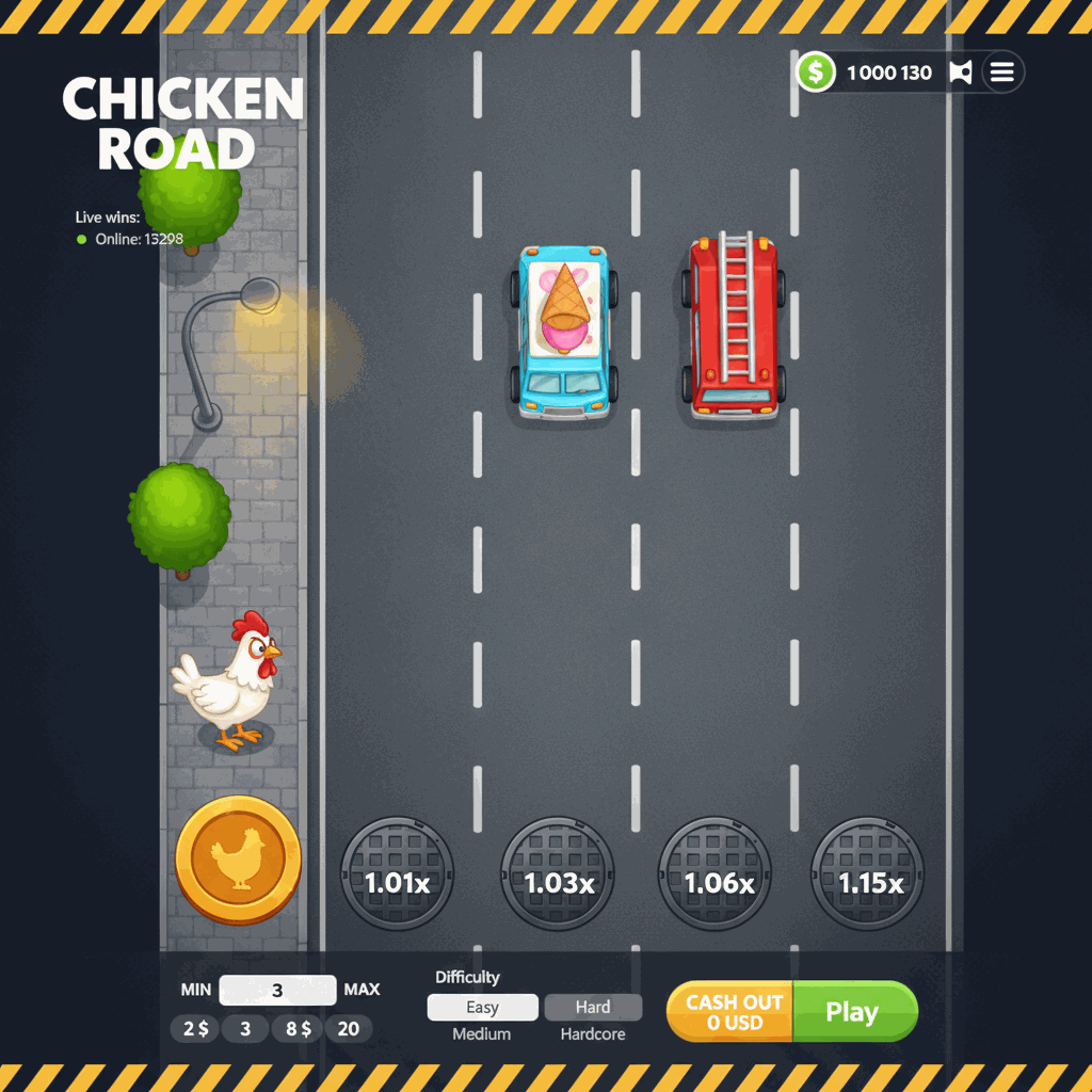 Schermata di gioco Chicken Road con il pollo bianco cartoon che attraversa corsie stradali grigie con linee tratteggiate bianche, tombini circolari con moltiplicatori 1.01x 1.03x 1.06x, marciapiede sinistro con lampione e alberi verdi, interfaccia con pulsanti di puntata e ritiro, vista dall'alto stile arcade